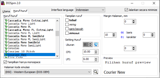 Codepage printer DOS, pilihan margin dan huruf-huruf